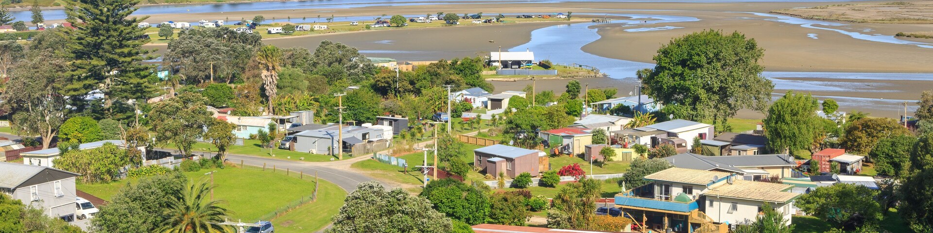 View of Little Waihi, a small coastal village near Maketu in the Bay of Plenty, New Zealand. Across the estuary is Pukehina Beach
