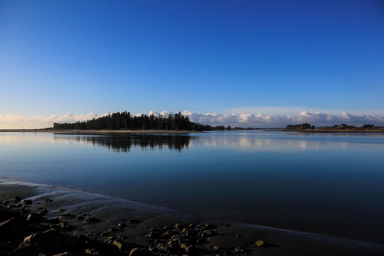 A calm lake with a forested island and a clear sky.
