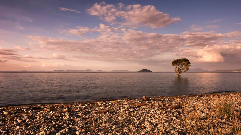 sunset on lake taupo, new zealand