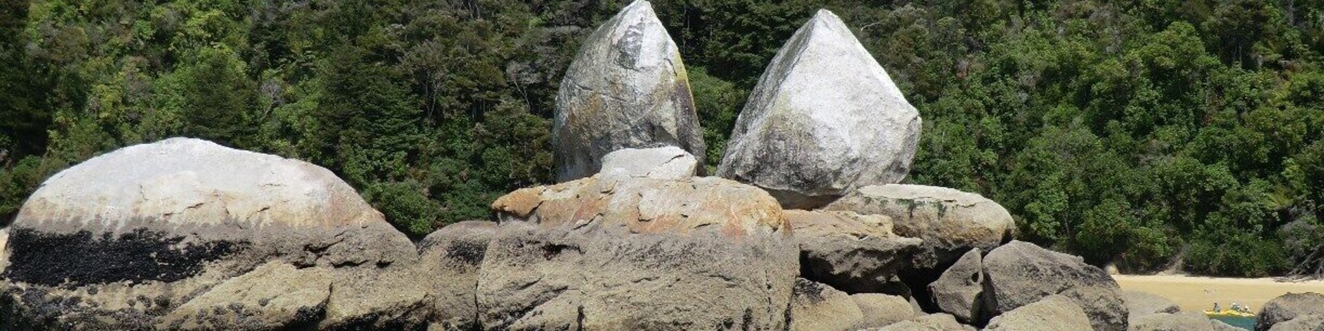 A coastal landscape with large boulders and a forested hill in the background.