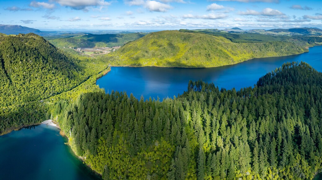 Aerial: Scenic Blue and green lakes, Rotorua, New Zealand