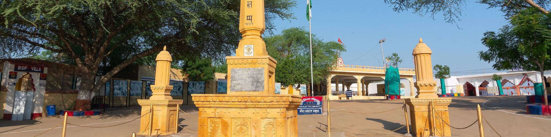 Jaisalmer, Rajasthan, India - 15th October 2019 : Memorials at Tanot Mata Mandir at India Pakistan border in Thar desert. Ancient temple maintained by Indian soldiers to worship famous Goddess Tanot.