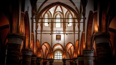 Selimiye Mosque interior showing historic gothic architecture and Islamic calligraphy. Nicosia, Cyprus,