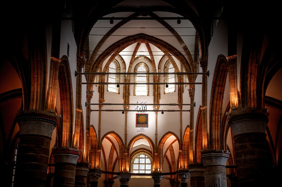 Selimiye Mosque interior showing historic gothic architecture and Islamic calligraphy. Nicosia, Cyprus,