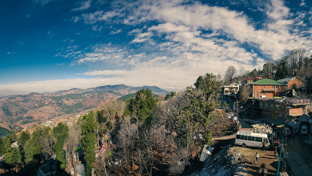 Murree, Punjab, Pakistan - August, 24, 2019: A view from the balcony of Deans Hotel, Murree, Mall Road. I envy those teeny Tiny Hobbit like Houses and People who live in such serene