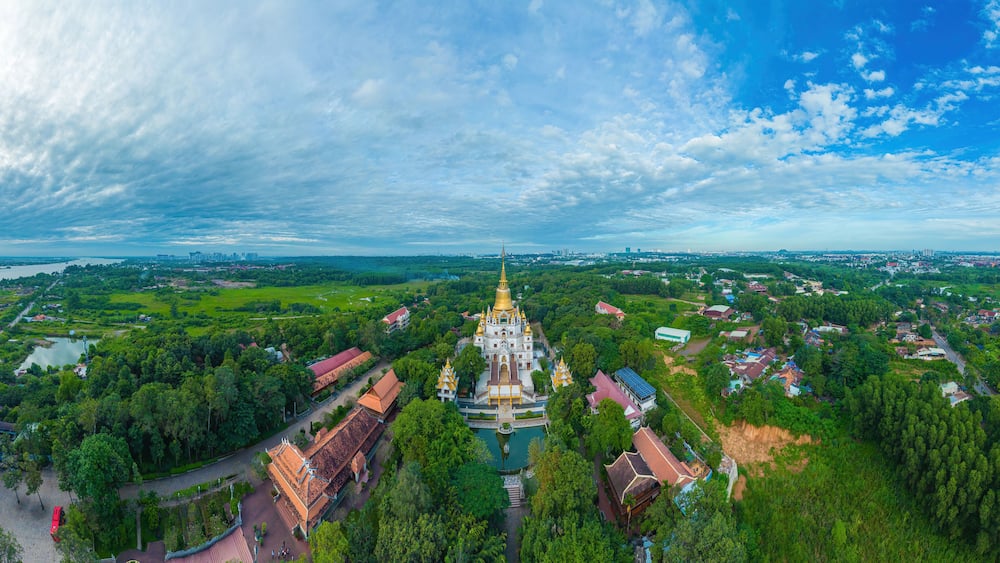 Aerial view of Buu Long Pagoda in Ho Chi Minh City. A beautiful buddhist temple hidden away in Ho Chi Minh City at Vietnam. A mixed architecture of India, Myanmar, Thailand, Laos, and Viet Nam