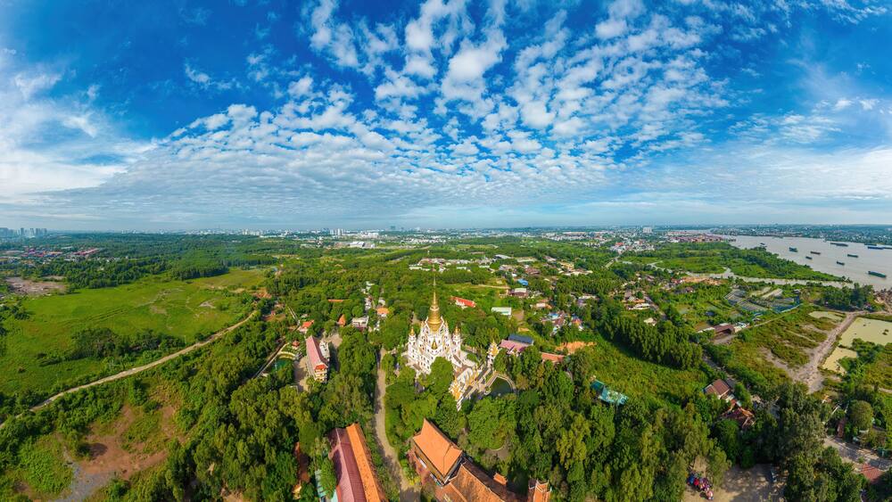 Aerial view of Buu Long Pagoda in Ho Chi Minh City. A beautiful buddhist temple hidden away in Ho Chi Minh City at Vietnam. A mixed architecture of India, Myanmar, Thailand, Laos, and Viet Nam