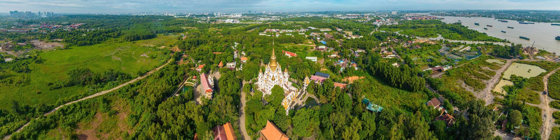 Aerial view of Buu Long Pagoda in Ho Chi Minh City. A beautiful buddhist temple hidden away in Ho Chi Minh City at Vietnam. A mixed architecture of India, Myanmar, Thailand, Laos, and Viet Nam