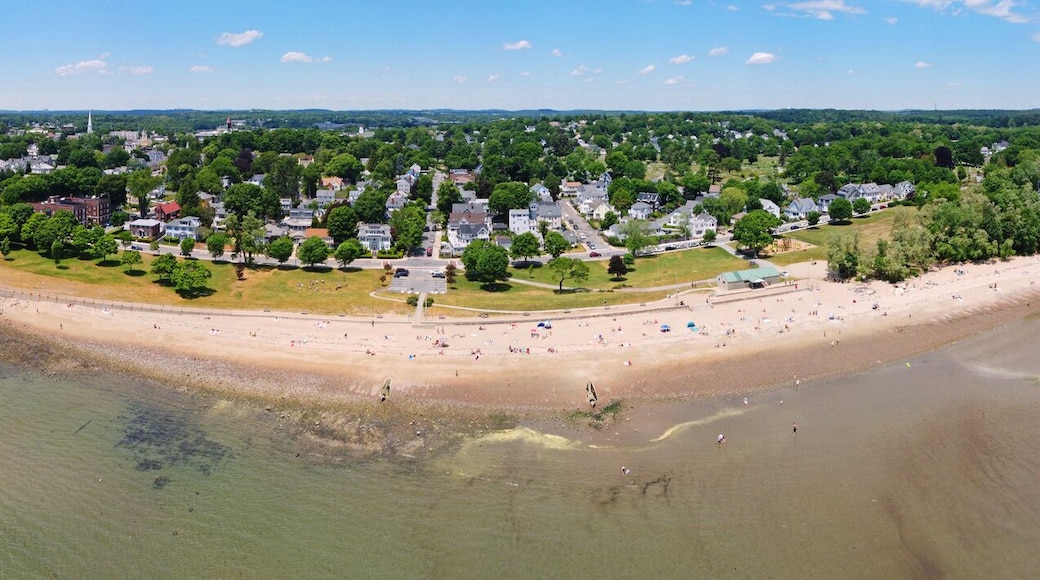Dane Street Beach at Mackerel Cove aerial view panorama in city of Beverly, Massachusetts MA, USA.