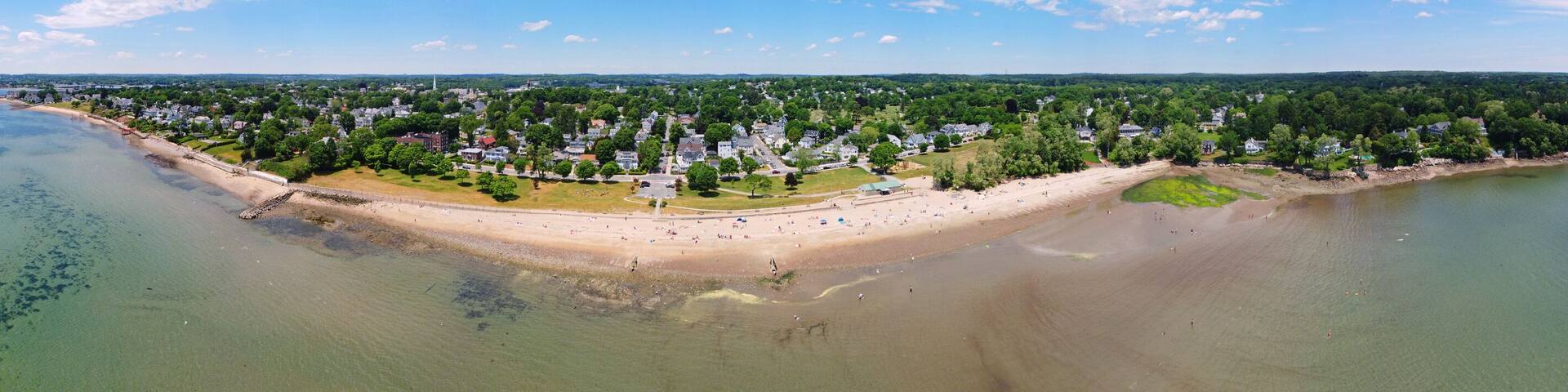 Dane Street Beach at Mackerel Cove aerial view panorama in city of Beverly, Massachusetts MA, USA.
