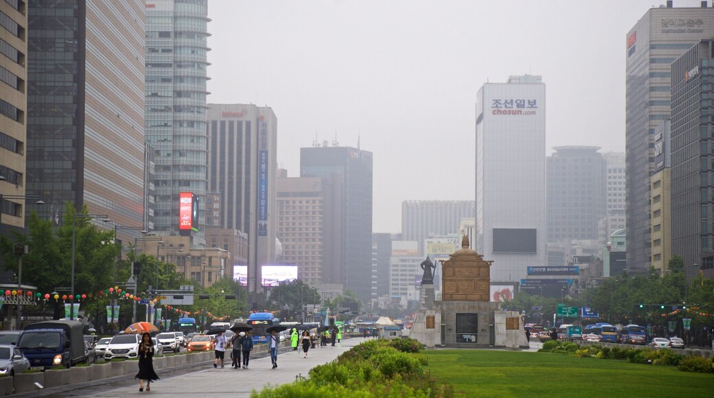 Gwanghwamun Plaza featuring landscape views, a city and mist or fog
