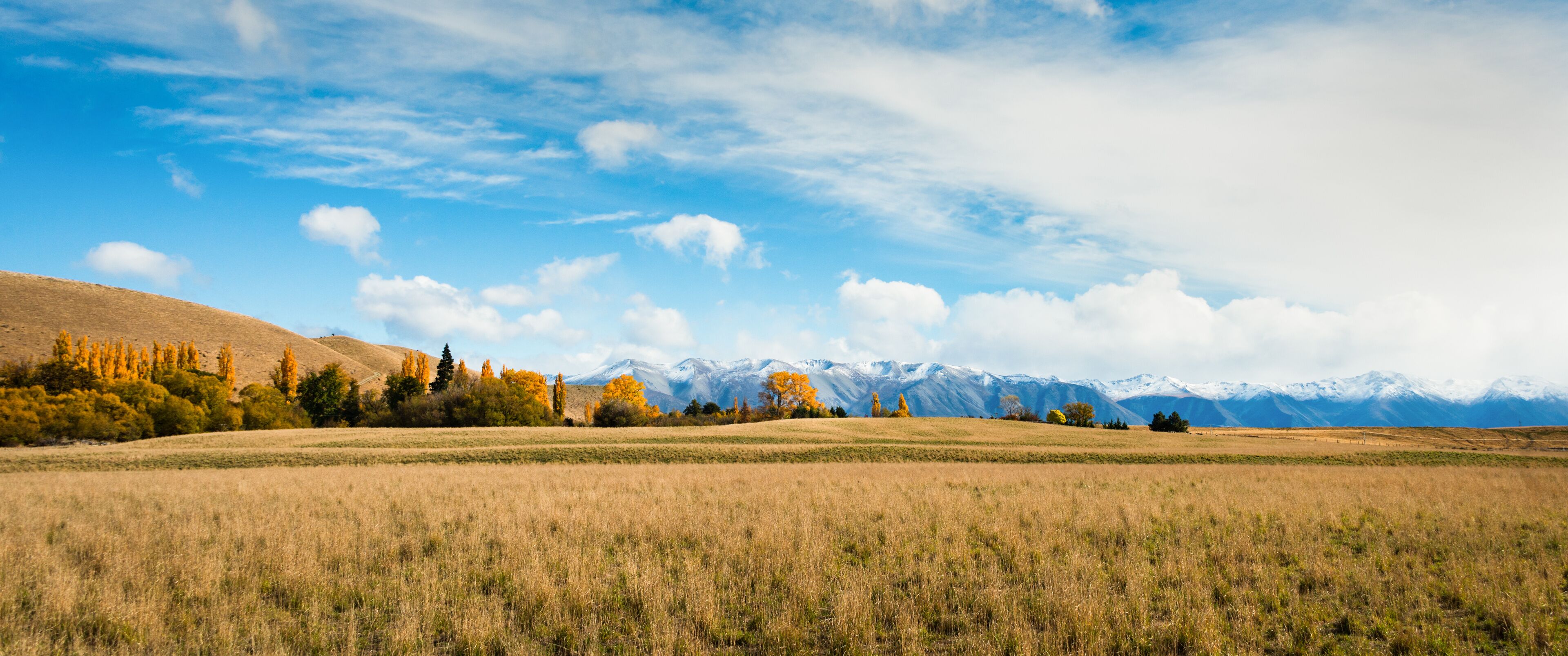 Panoramic view of Ben Ohau range in autumn, Twizel, Canterbury, South Island.