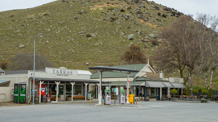 Una tienda de campo llamada TARRAS, con una gasolinera y un restaurante llamado MERINO.