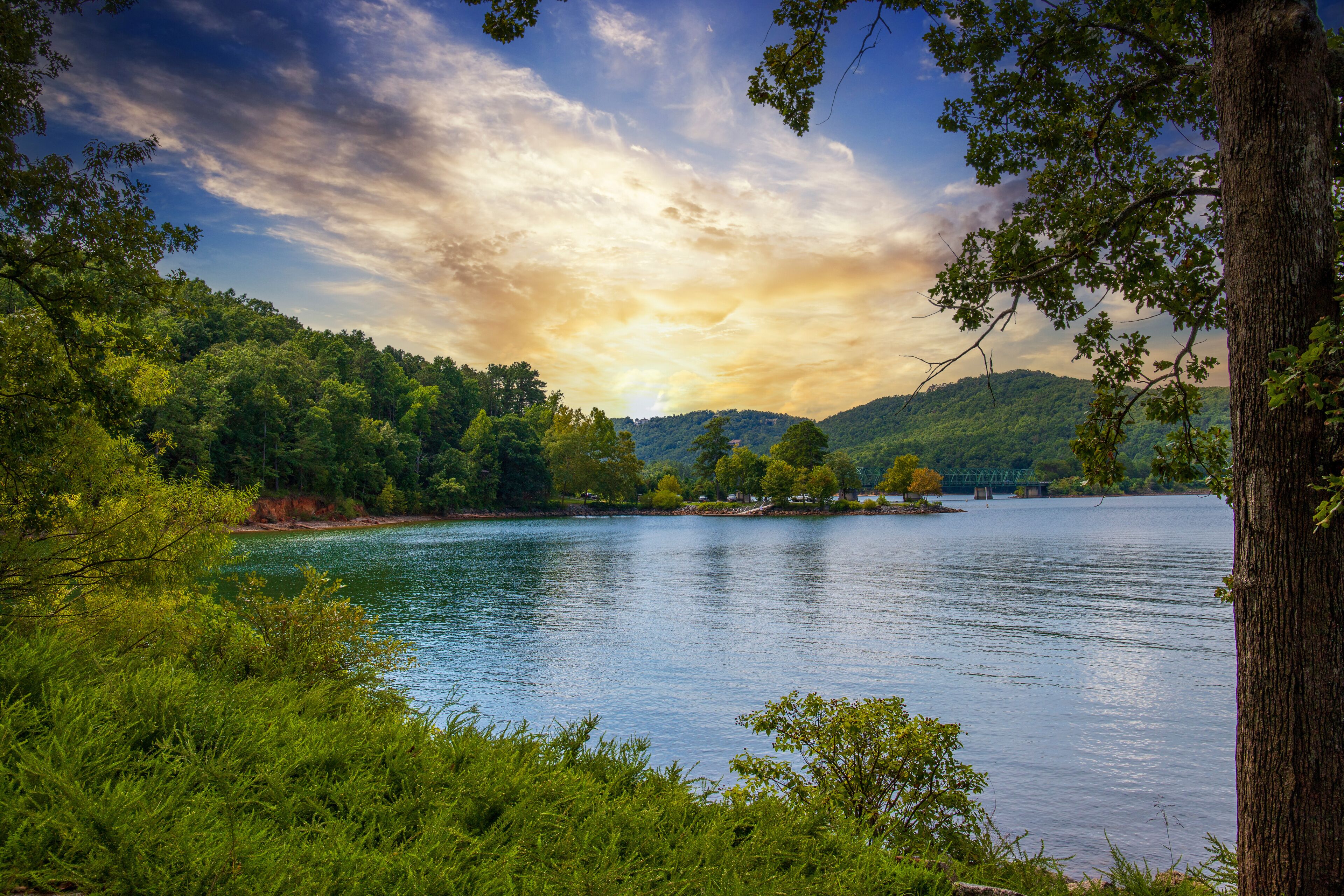 a gorgeous summer landscape at Lake Allatoona with green water surrounded by lush green trees, grass and plants with powerful clouds at sunset at Red Top Mountain State Park in Acworth Georgia USA