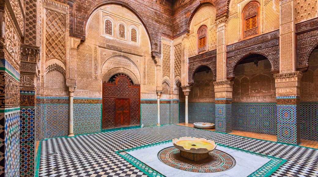 Fes, Morocco. The courtyard of Marinid Al-Attarine Madrasa of the perfumers, built in 14h Century in Fez medina.
