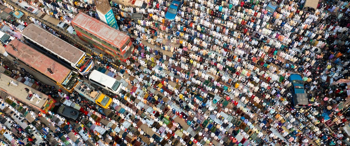 Aerial view of packed congregation of Muslim devotees praying and worshipping at Bishwa Ijtema event, Tongi station, Gazipur, Bangladesh.