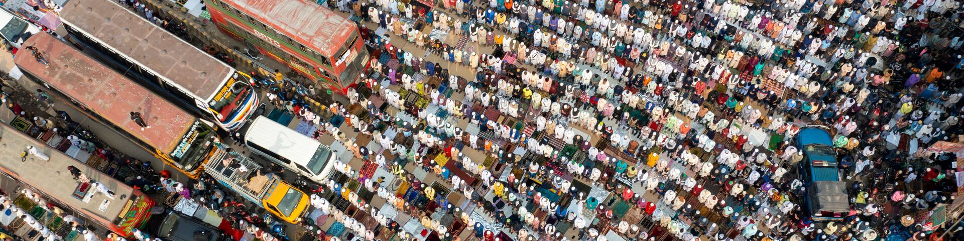 Aerial view of packed congregation of Muslim devotees praying and worshipping at Bishwa Ijtema event, Tongi station, Gazipur, Bangladesh.