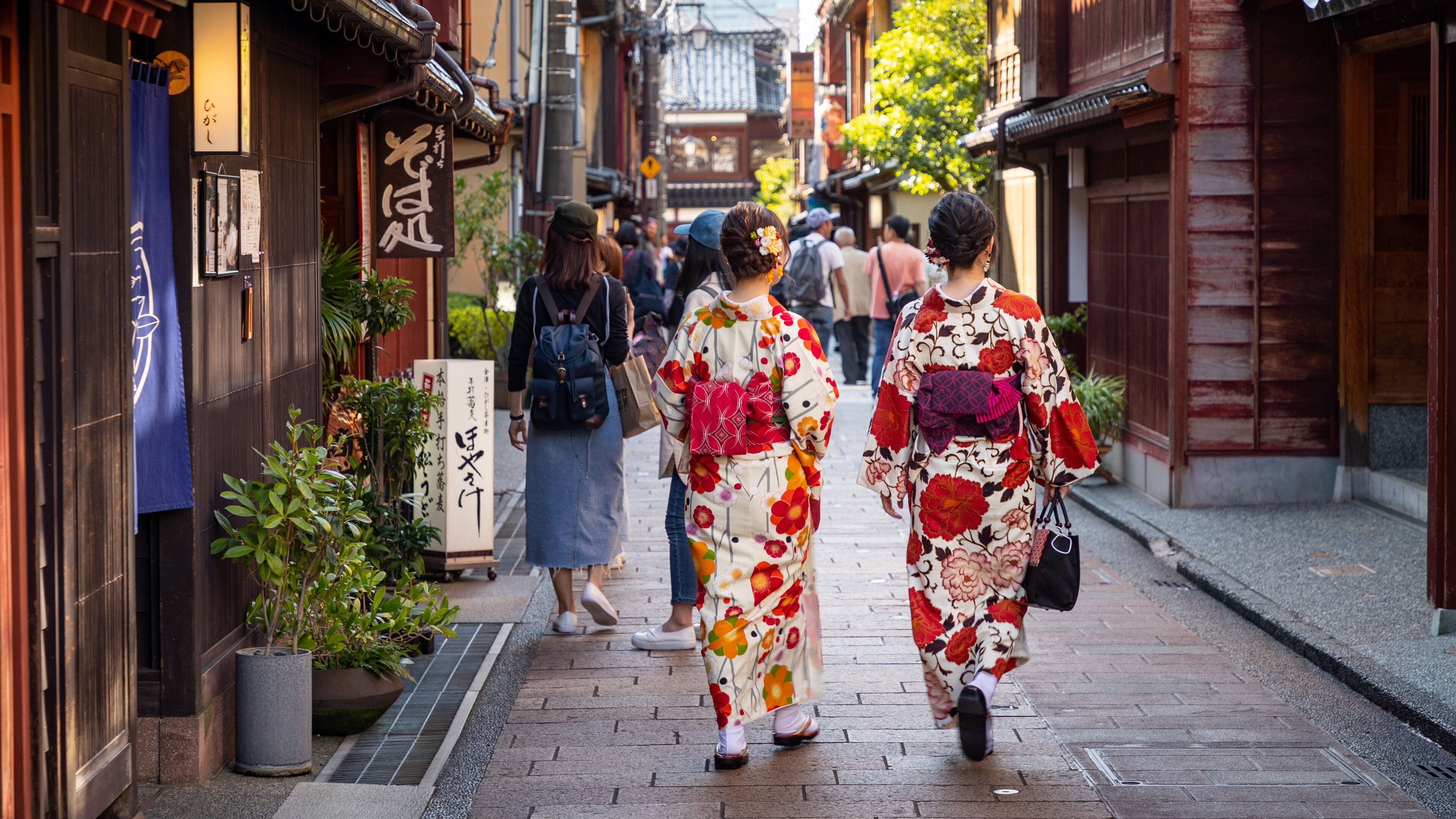 Higashiyama Higashi Chaya District showing street scenes as well as a couple