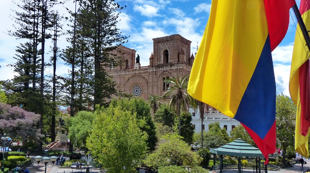 Cuenca, Ecuador. Park Calderon and Inmaculada Concepcion Cathedral with flags waving in front in the historical center of the city