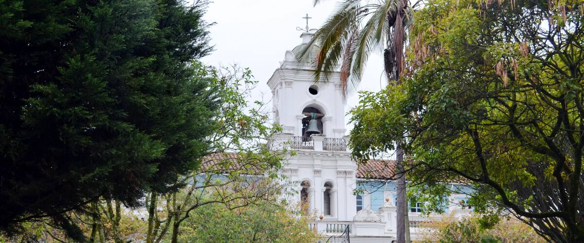 A white church with a bell tower surrounded by trees and well-maintained gardens.