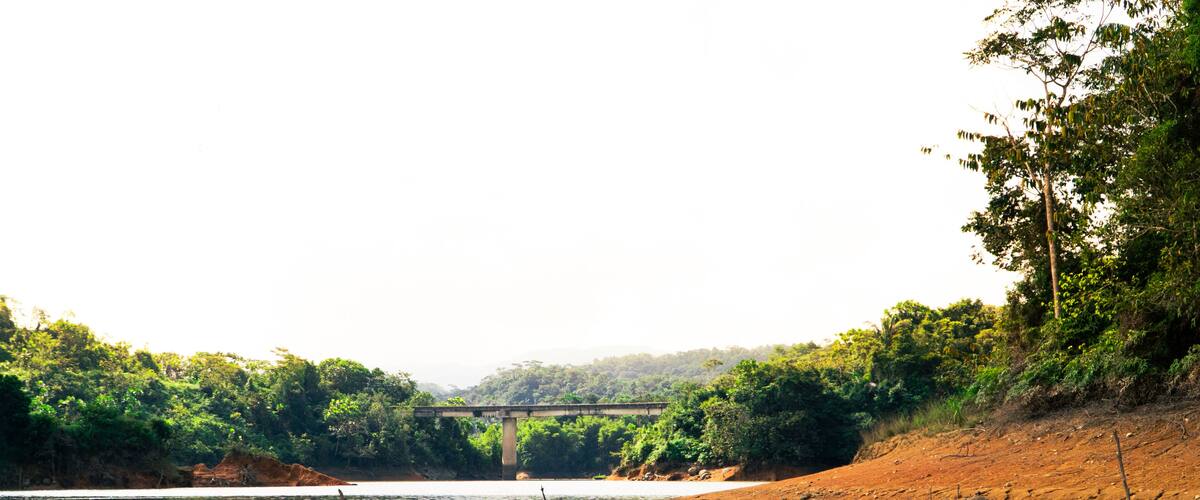 A river with a bridge, surrounded by dense greenery and hills.
