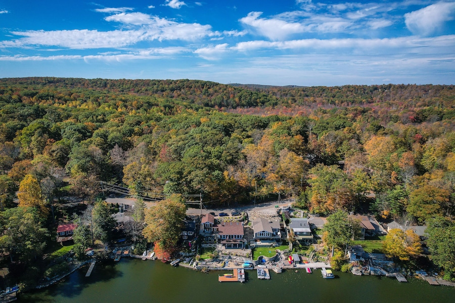 Aerial Drone of Highland Lake New Jersey Foliage
