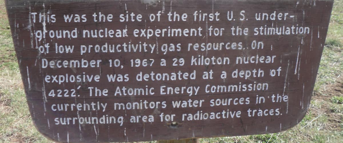 A sign at Carson National Forest detailing Project Gasbuggy, the site of the first U.S. underground nuclear experiment for stimulating low productivity gas resources.