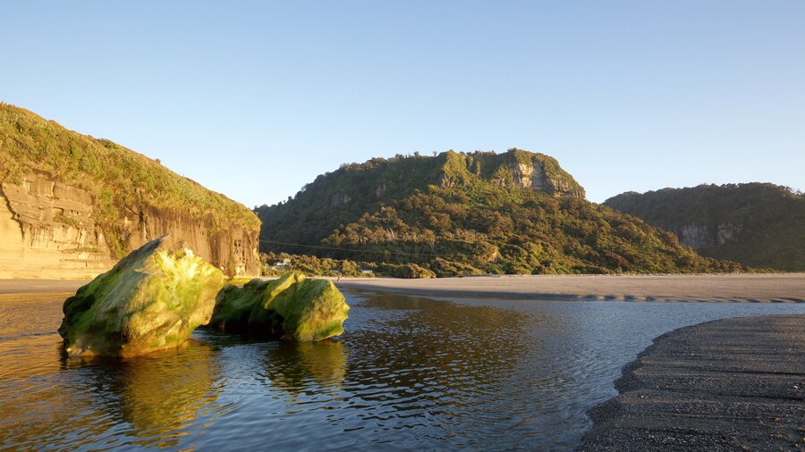 Punakaiki showing rocky coastline, general coastal views and a sandy beach