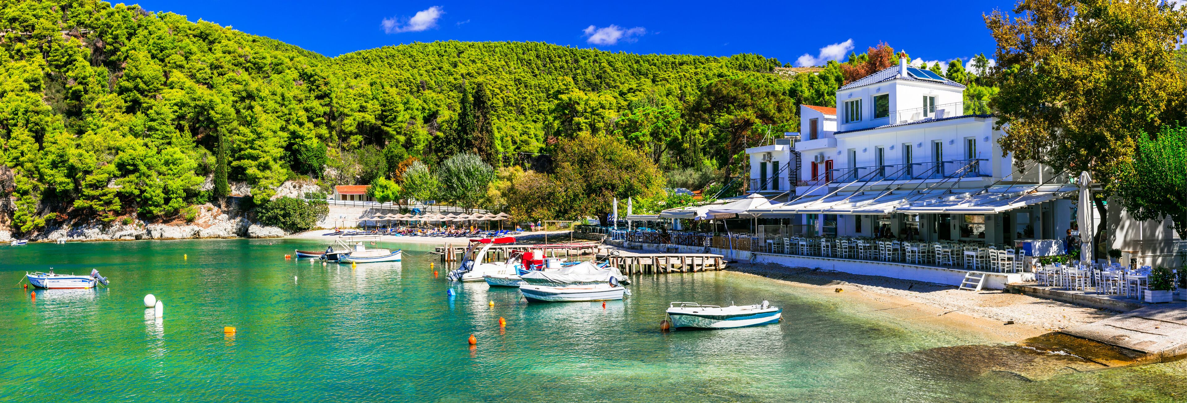 Best of Skopelos island - Picturesque fishing village Agnontas with traditional taverns on the beach. Sporades, Greece