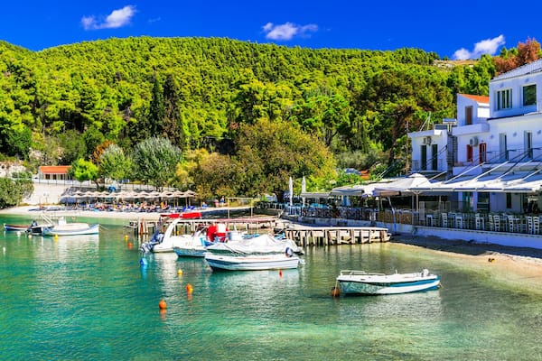 Best of Skopelos island - Picturesque fishing village Agnontas with traditional taverns on the beach. Sporades, Greece