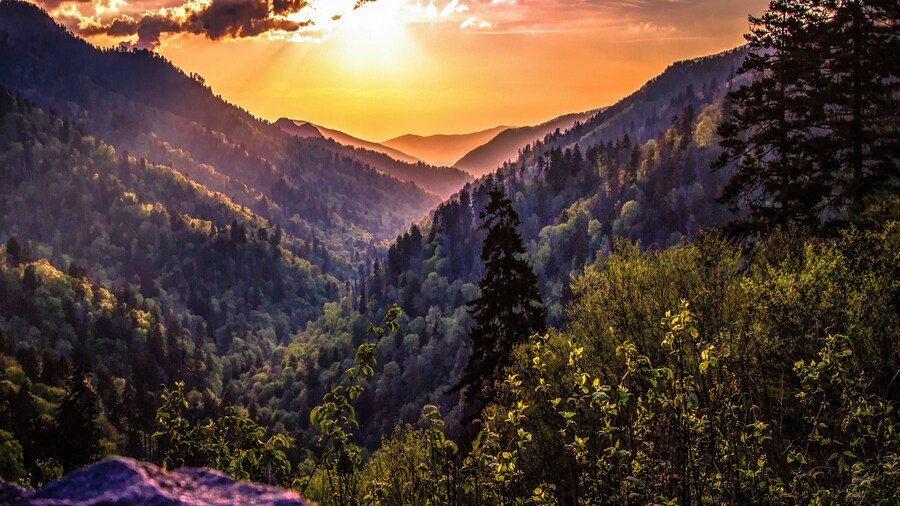 Great Smoky Mountain Sunset Landscape Panorama. Sunset horizon over the Great Smoky Mountains from Morton overlook on the Newfound Gap Road in Gatlinburg, Tennessee.