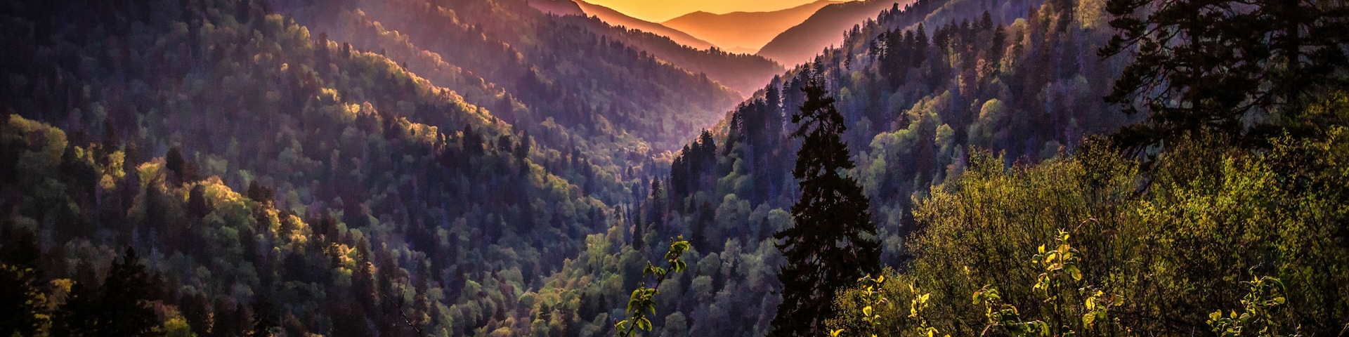 Great Smoky Mountain Sunset Landscape Panorama. Sunset horizon over the Great Smoky Mountains from Morton overlook on the Newfound Gap Road in Gatlinburg, Tennessee.