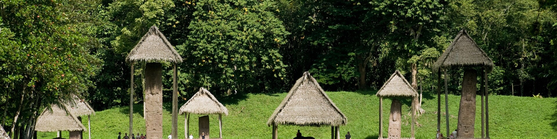 Un campo cubierto de hierba con varias chozas de techo de paja y un bosque denso al fondo.