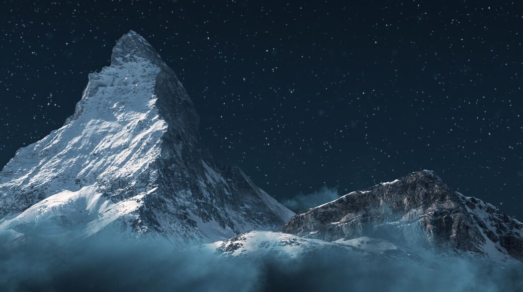 panoramic view to the majestic Matterhorn mountain at night. Valais, Switzerland