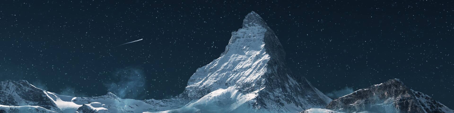 panoramic view to the majestic Matterhorn mountain at night. Valais, Switzerland