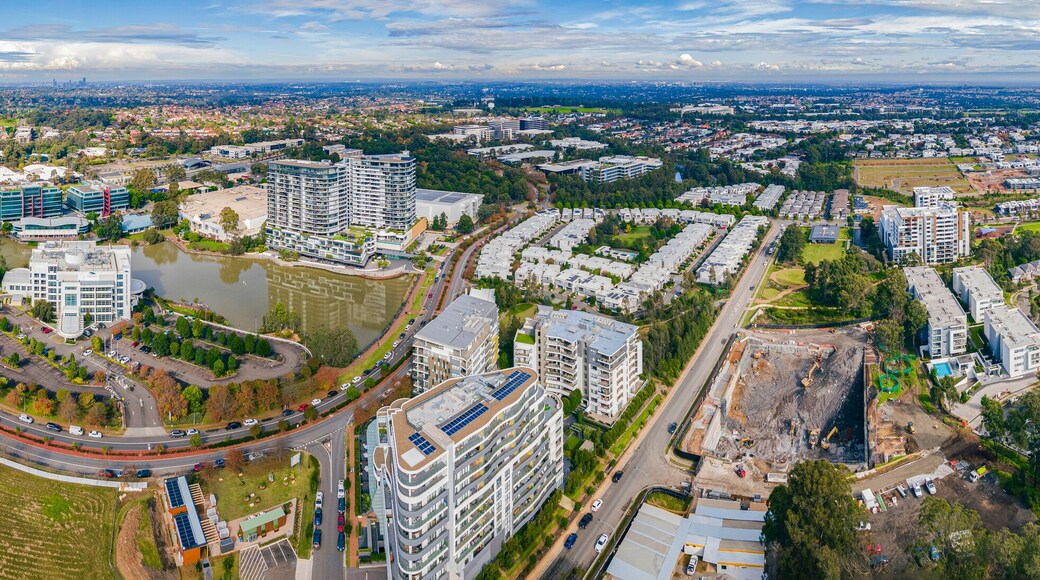 Panoramic Aerial drone view of Norwest Business Park in the suburbs of Norwest and Bella Vista in the Hills Shire, North West Sydney, New South Wales, Australia