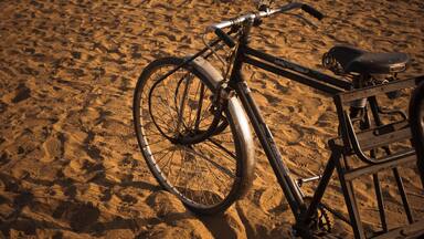 Cycle rickshaw on sand, Pushkar, Ajmer, Rajasthan, India