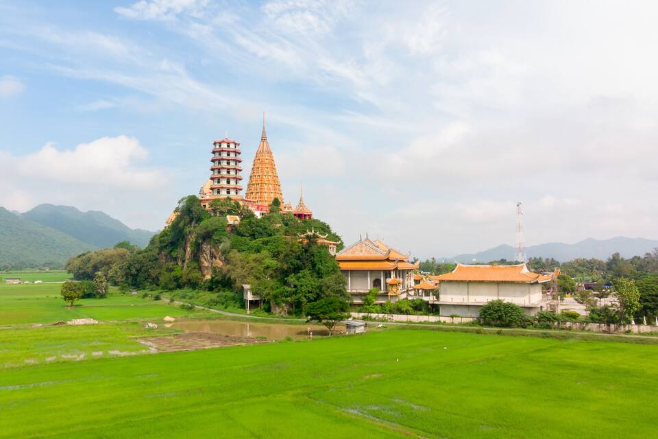 Ein Tempelkomplex mit einer mehrstöckigen Pagode auf einem Hügel, umgeben von üppigen grünen Feldern und Bergen im Hintergrund.