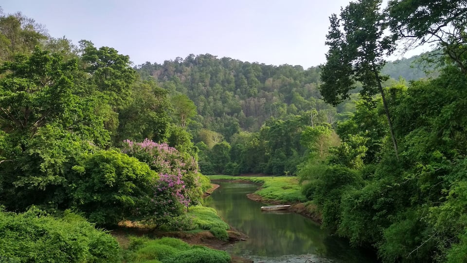 A river surrounded by lush greenery and hills.