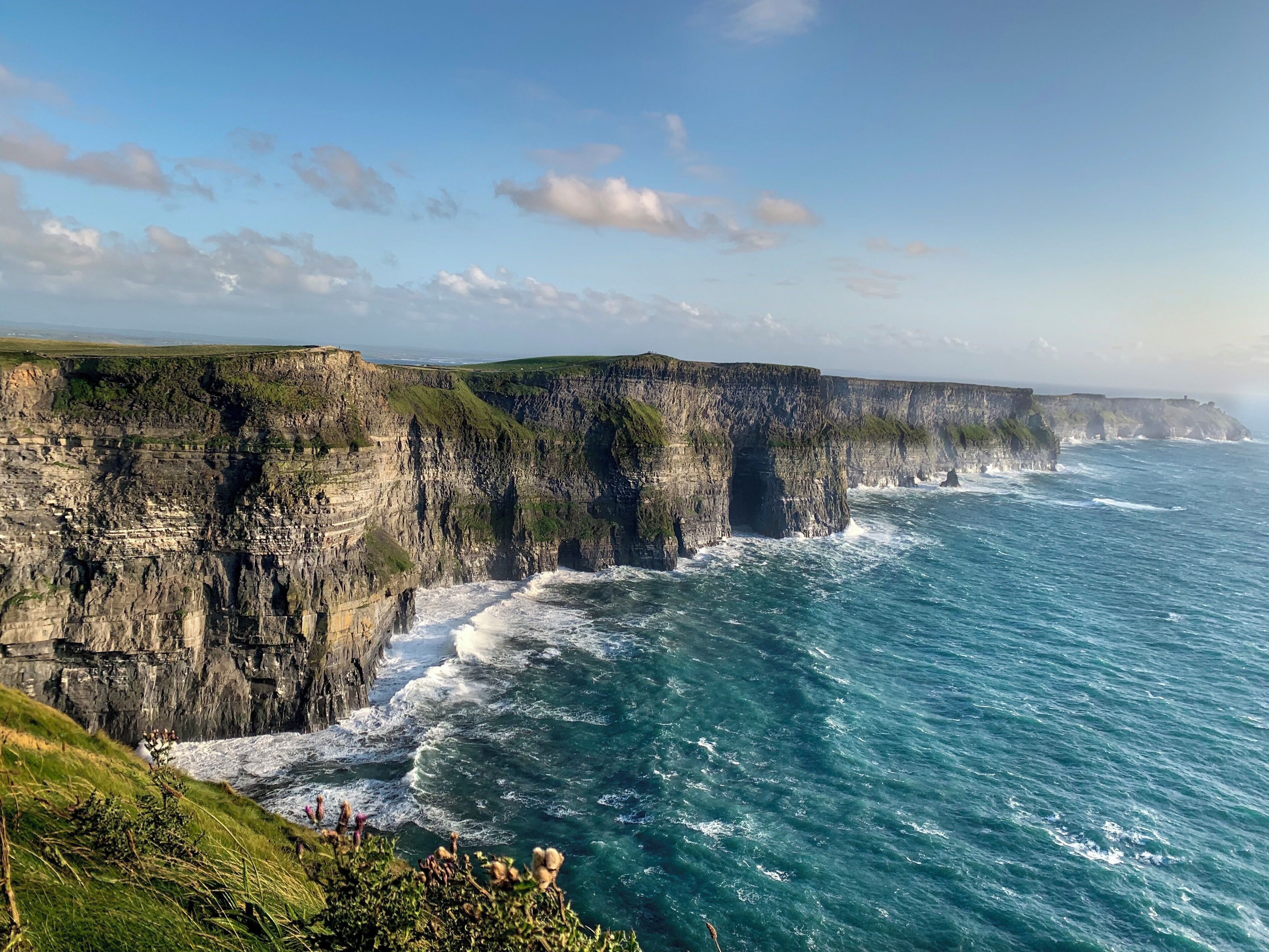 A coastal cliff with waves crashing against it.