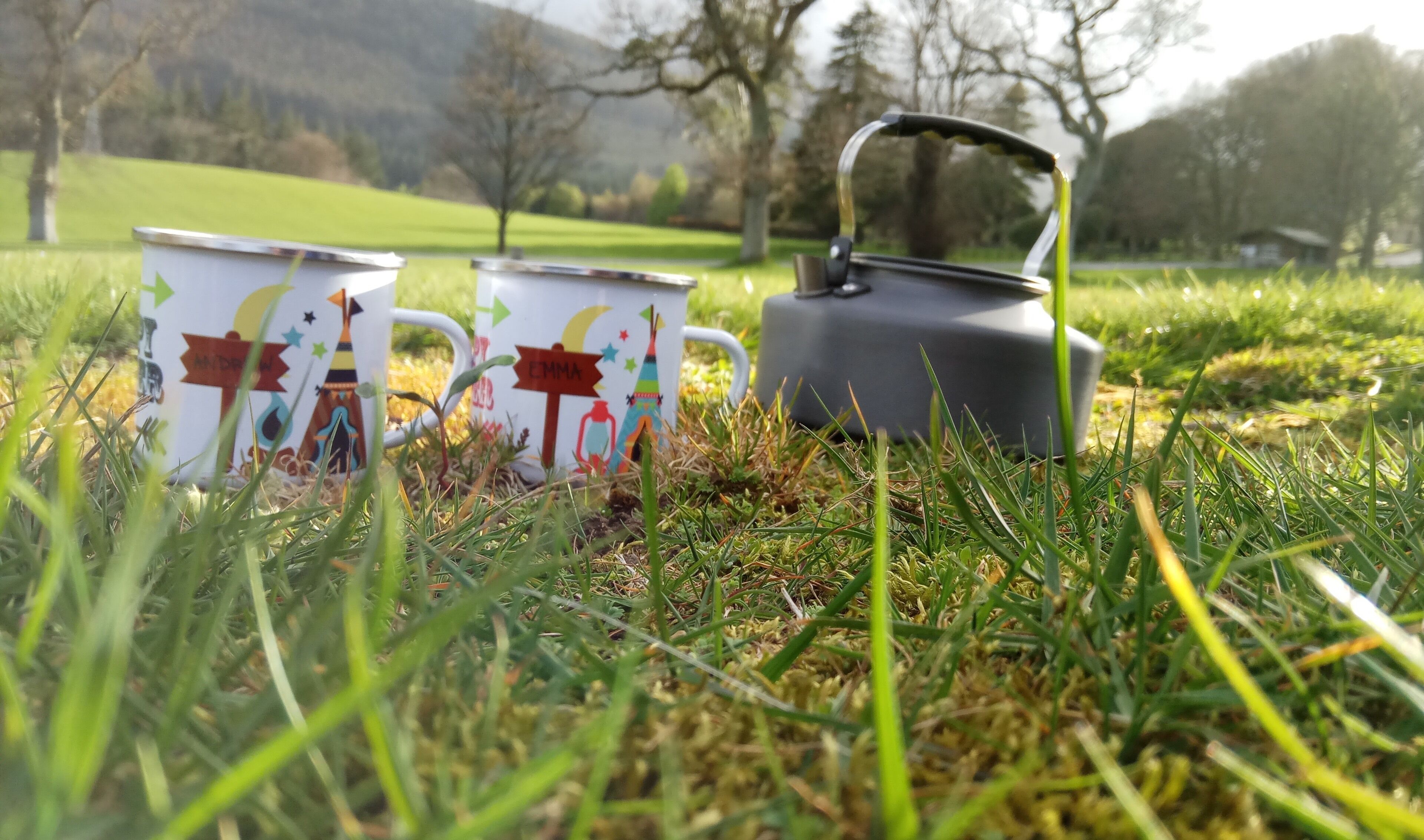 Two colorful mugs and a kettle on a grassy field with a backdrop of trees and hills.