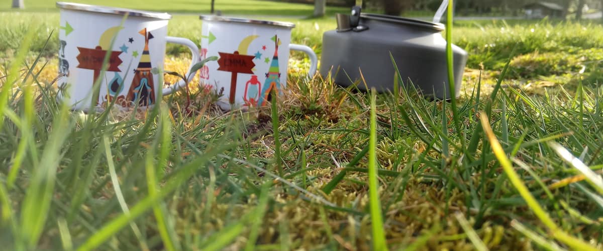 Two colorful mugs and a kettle on a grassy field with a backdrop of trees and hills.