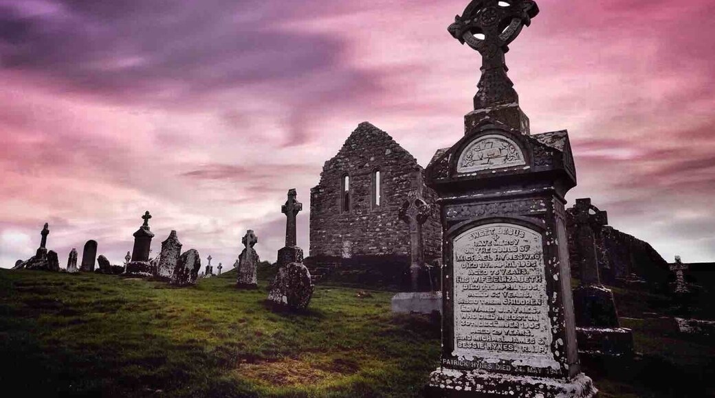 Clonmacnoise is an ancient monastic site near Shannonbridge, in Ireland. It's a popular visitor attraction. Walk amongst the stone ruins and you'll conjure images of the saints and scholars of Irelandâs renowned Golden Age of learning.