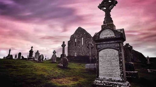 Clonmacnoise is an ancient monastic site near Shannonbridge, in Ireland. It's a popular visitor attraction. Walk amongst the stone ruins and you'll conjure images of the saints and scholars of Ireland’s renowned Golden Age of learning.