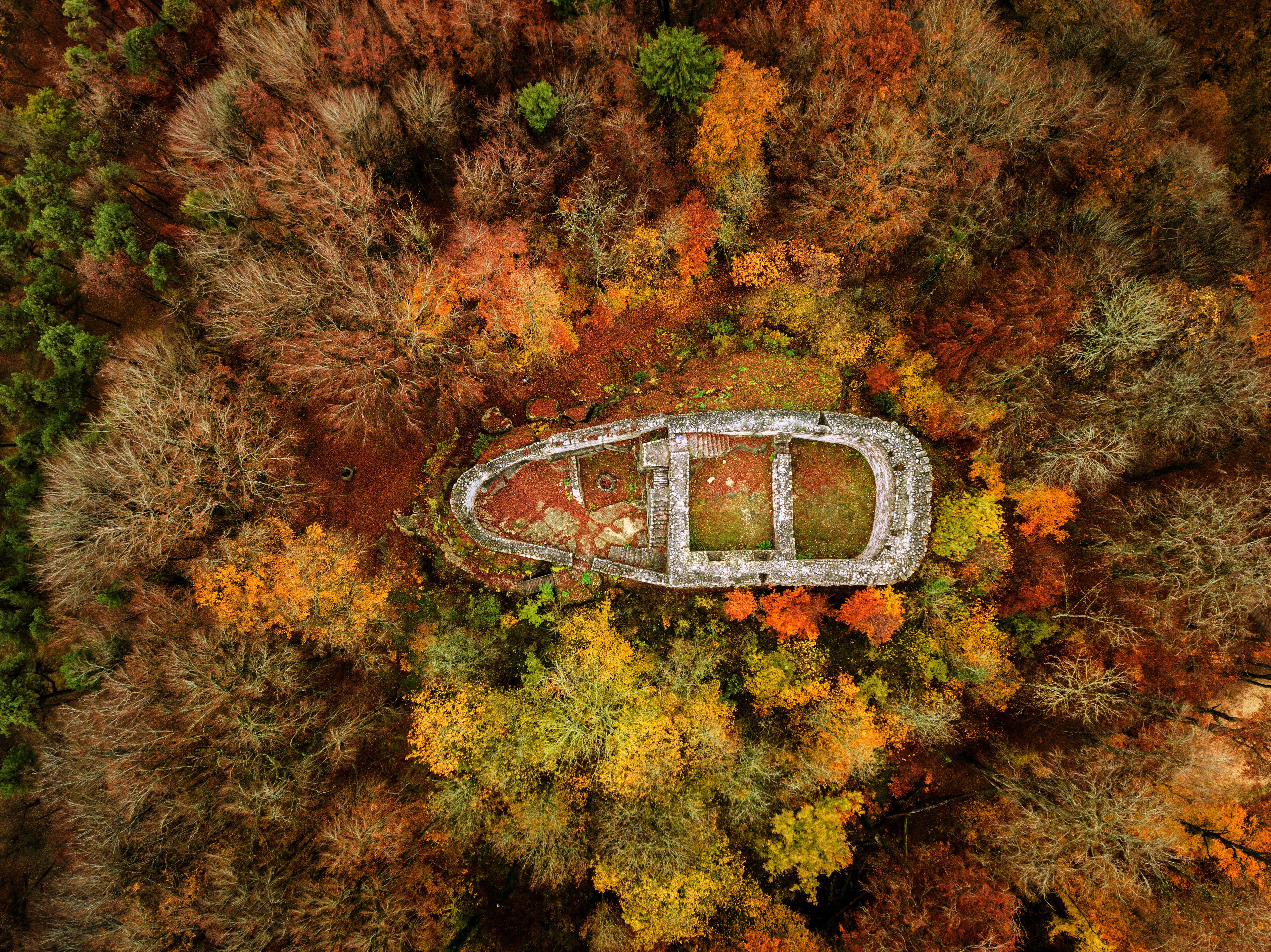 An aerial view of a circular stone structure surrounded by autumn-colored trees.