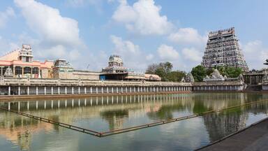 View of Gopuram of Nataraja Temple and Shivgangai Teertham water tank, Chidambaram, Tamilnadu, India