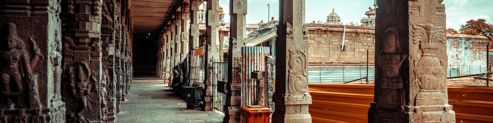 Thousand Pillars of Ekambareswarar Temple, Earth Linga Kanchipuram, Tamil Nadu, South India - Religion and Worship scenario image. The Famous Hindu God Temple, Indias Best Tourism Place