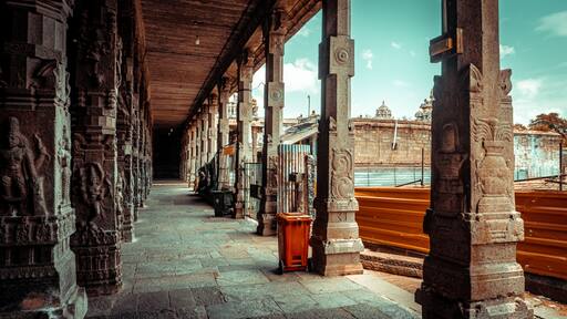 Thousand Pillars of Ekambareswarar Temple, Earth Linga Kanchipuram, Tamil Nadu, South India - Religion and Worship scenario image. The Famous Hindu God Temple, Indias Best Tourism Place