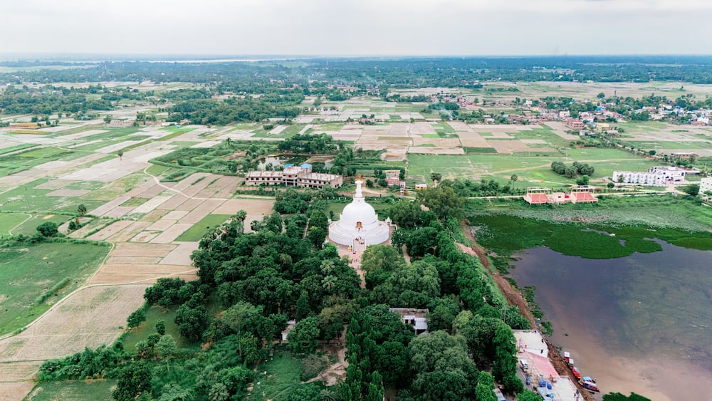 Historic monuments of Vaishali including the Buddha Relic Stupa, and Vishwa Shanti Stupas. Bihar tourism site and Historic Monuments of Vaishali, Muzaffarpur, Bihar, India.