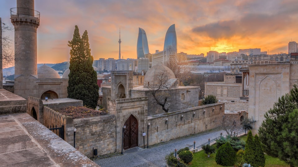 Panoramic view of Baku city, capital of Azerbaijan, at sunset